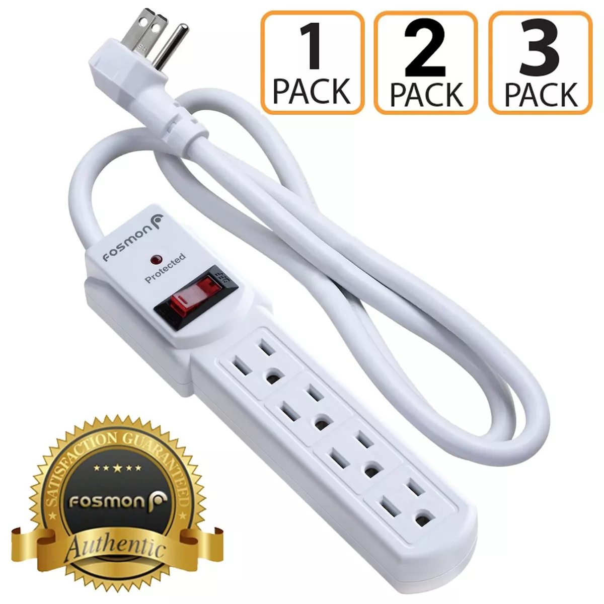 Flat Plug Extension Cord 3 Prong 4 Outlet Extender Surge Protector Power Strip