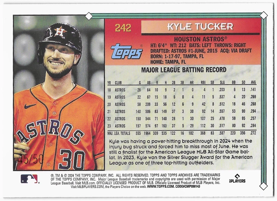 2024 Topps Archives - Red Hot Foilboard /50 - Kyle Tucker Houston Astros #242 - Image 2 of 2