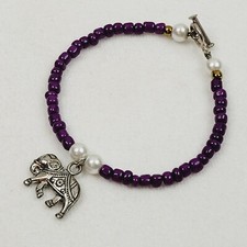 Purple Beaded Silver Tone Elephant Charm Fashion Jewelry Bracelet Toggle Closure