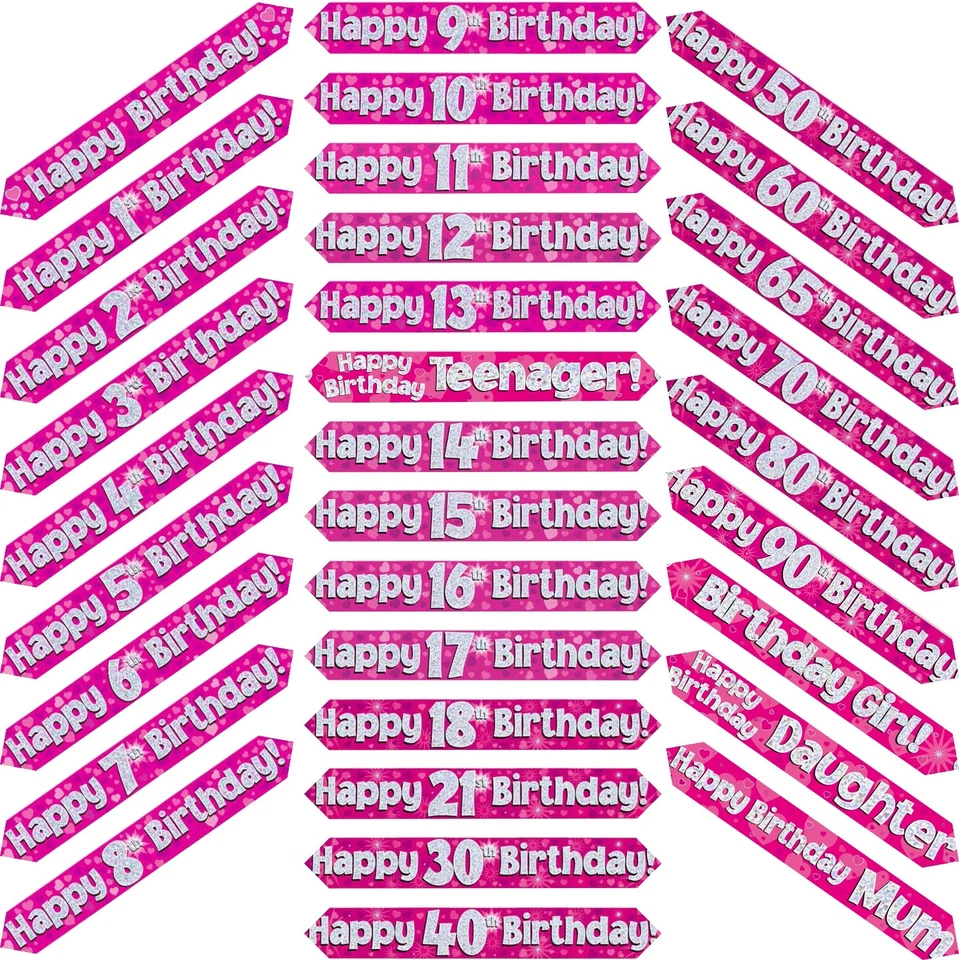 9ft Pink & Silver Holographic Foil Party Birthday Banners, Bunting & Balloons