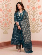 Women Blue Plus Size Floral Print Designer Anarkali Kurta Top Pant With Dupata