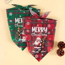 Set of 2 Red and Green Festive Holiday Dog Bandanas with Santa and Snowman