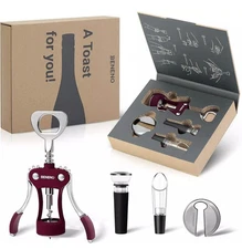 Wine Opener Gift Set, Premium Wing Corkscrew, Foil Cutter, Vacuum Stopper, Aerat