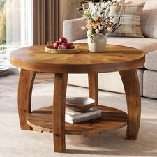 31.5'' Solid Wood Round Coffee Table, 2-Tier Wooden Center Table for Living Room