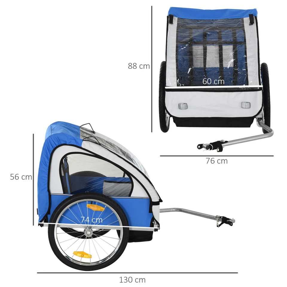 Blue & White 2-Seat Child Bike Trailer, Steel Frame, 88H x 130L x 76W cm - Image 3 of 4