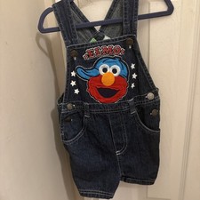 Vintage Y2K Sesame Street Elmo Backwards Hat Denim Overall Shorts 12 Months