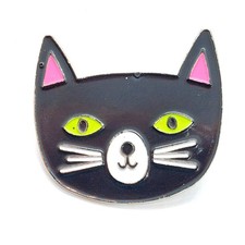 Black Cat Face Enamel Lapel Pin Green Eyes Pink Ears Kitty Feline Fashion