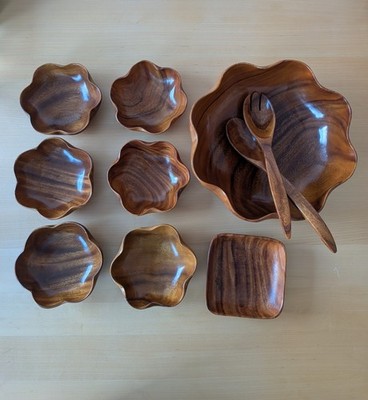 Vintage Alii Woods Honolulu Salat Set Monkey Pod Akazie Holz Tiki 70er 10-tlg