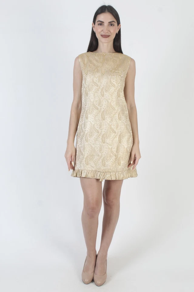 Vestido Vintage Años 60 Dorado Metálico Paisley Disco Scooter Mod Cóctel Micro Mini Foto 4 de 4