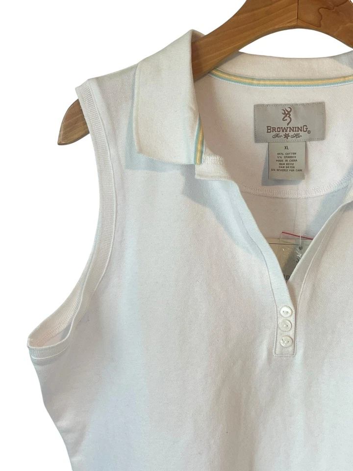 Blusa regata feminina Browning sem mangas XL branca gola V com colarinho de botão nova com etiquetas - Imagem 2 de 4