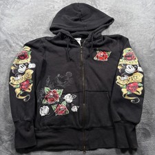Disney Parks Hoodie Womens XL Black Mickey Mouse Rose Rhinestone Kangaroo Pocket