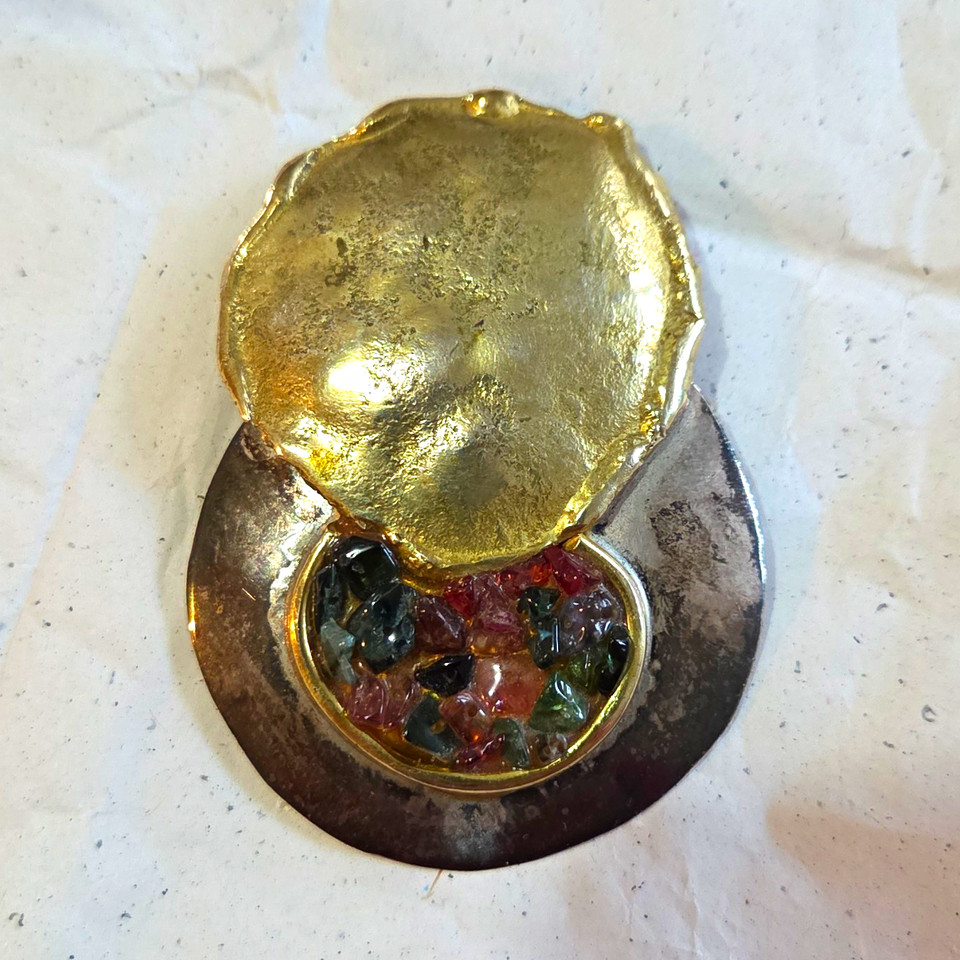Vintage Artisan Lilo Handcrafted 925 Silver/Brass Multicolor Stone Inlay Brooch