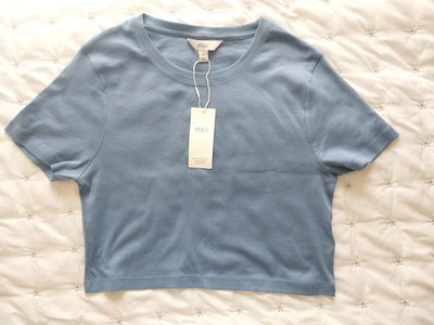 M&S Cropped Uk14 Light Blue T Shirt Round Neck Short Sleeves BNWT Boxy 17x17in