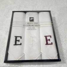 P Men's Cotton White Embroidered E Handkerchiefs Full Size 3 Piece Set
