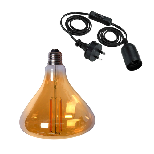 Bulged Edison LED Light Globe & Power Cord Plug In 1.8m E27 4 Watt Bulb ...