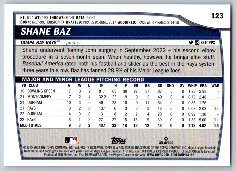 2023 TOPPS BIG LEAGUE SHANE BAZ TAMPA BAY RAYS #123 - Image 2 of 2