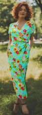 NWT David Warren Floral Maxi Wrap Dress Short Sleeve Chiffon Blue Size Large 10