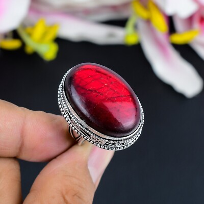 925 Sterling Silver Red Labradorite Gemstone Ring Handmade Style Jewelry For Her