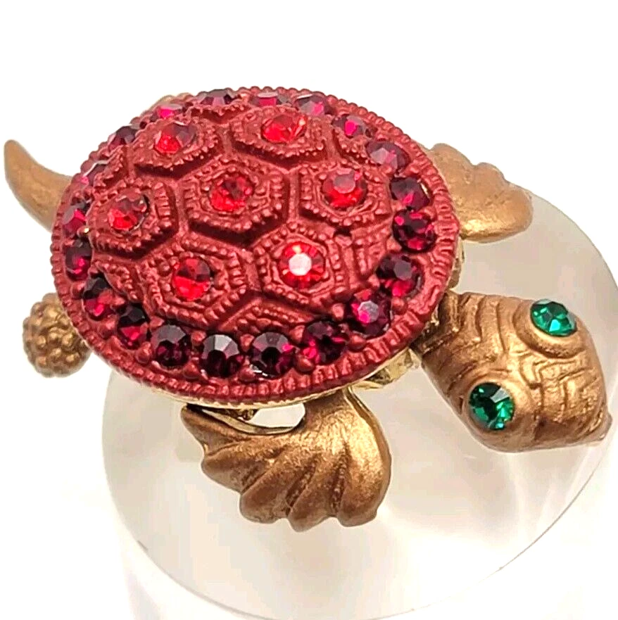Broche Colgante Tortuga Bebé Roja Ojos Verdes Bronce Tono Dorado Océano Mar Amor Animal Foto 2 de 4