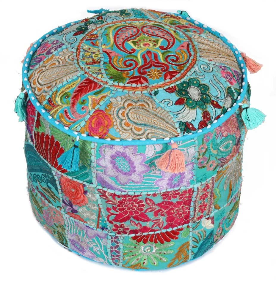 17" Turquoise Blue Handcrafted Round Stool/Ottoman Pouf Cover Seating Pouffe - Image 2 of 4