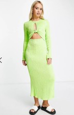 Topshop long sleeve midi dress with knot front in lime ASOS size 16 cutout