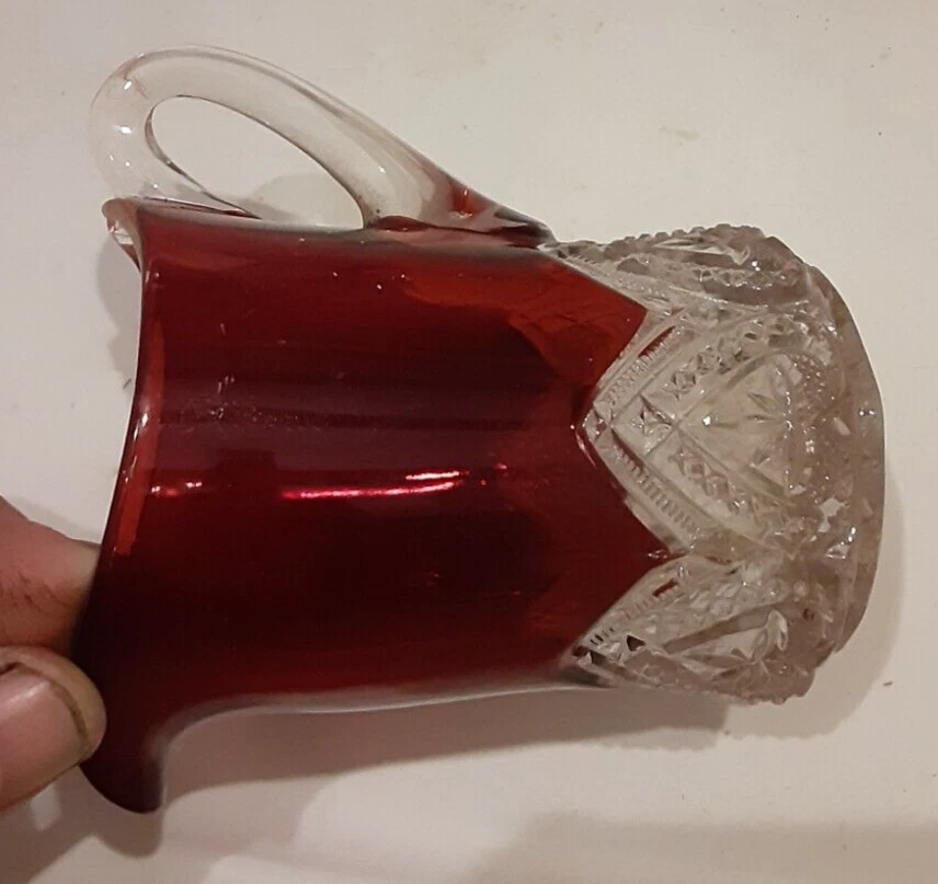 Vintage Ruby Flash Glass small creamer or syrup pitcher, 4" tall, some wear - Image 4 of 4