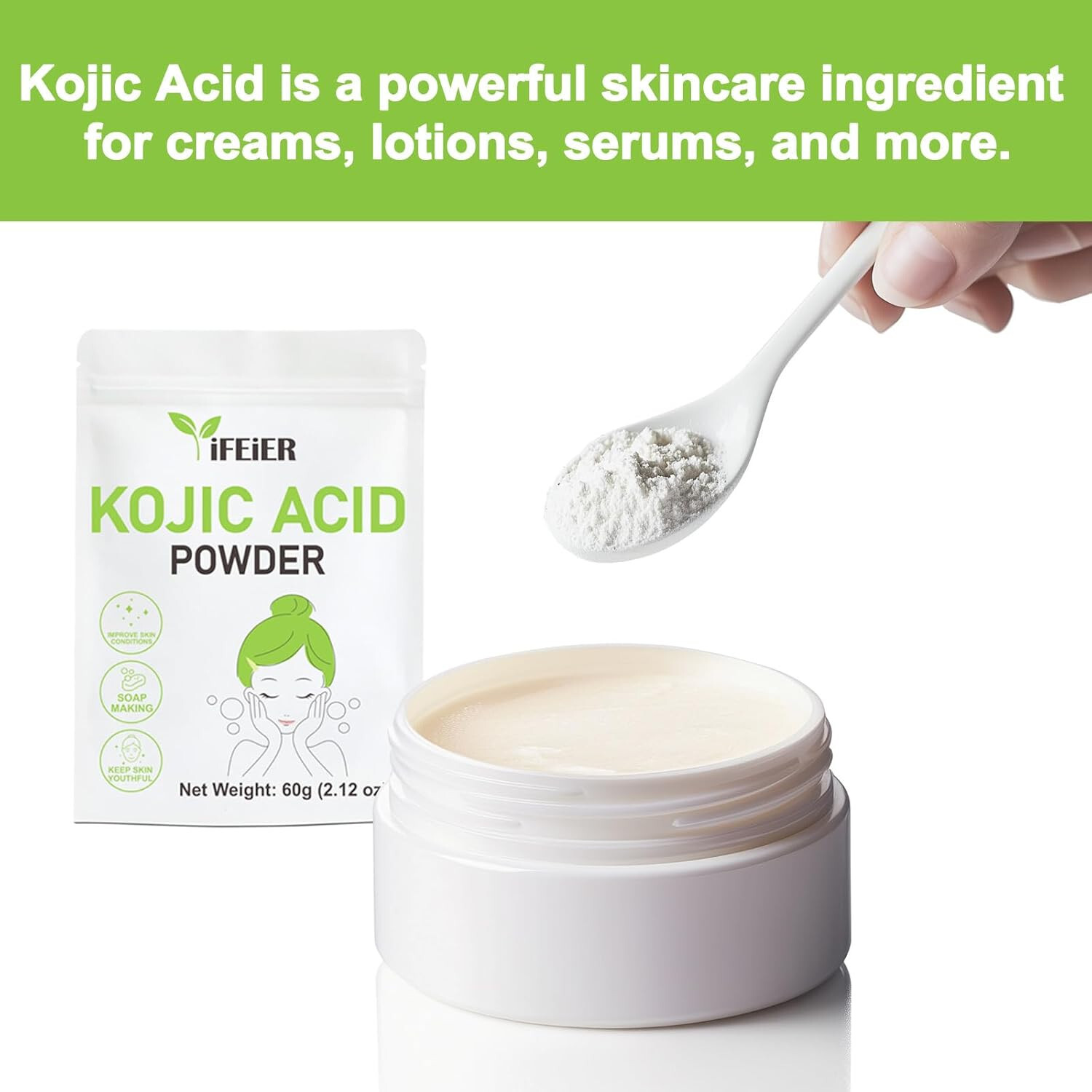 Pure Kojic Acid Powder 60g (2.12oz) for Skincare Products & Homemade Cosmetics