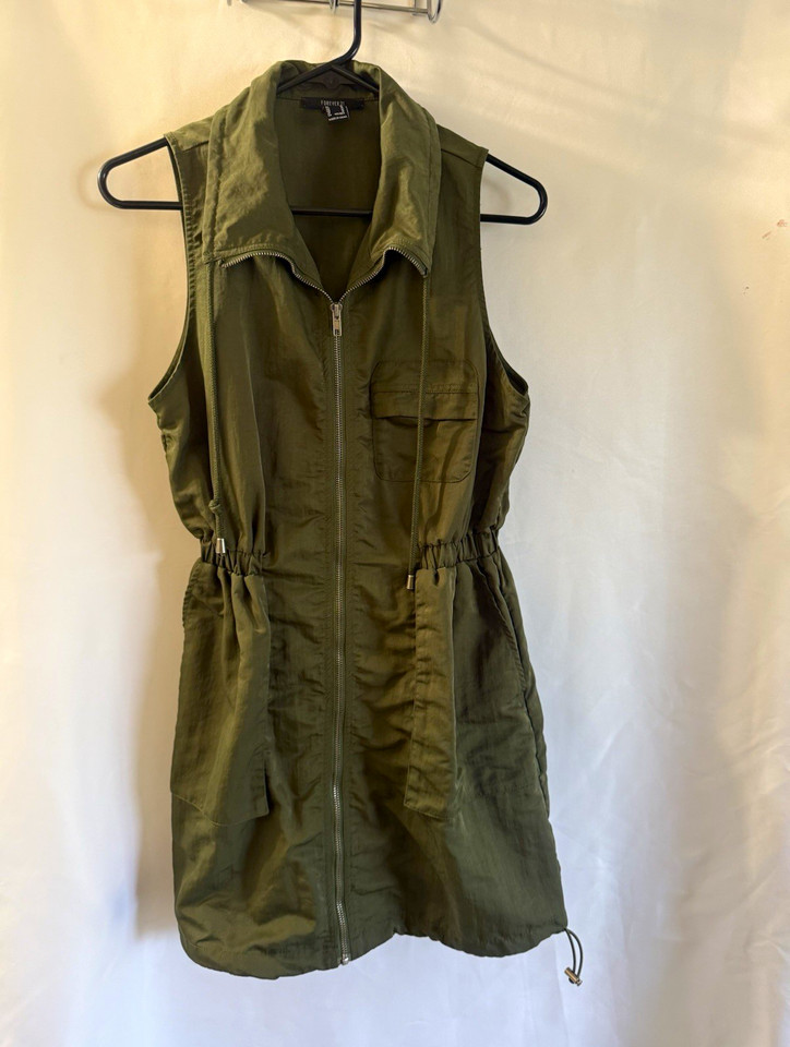 Forever 21 Womens M Olive Green Utility Shirt Dress Sleeveless Zip Front Pockets