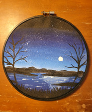 Hand Painted Original Embroidery Hoop Art Moonlit Lake Trees Night Sky 8in Round