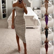Women Party Wear Off Shoulder Sequined Evening Dress Prom-Gown-Sleeveless