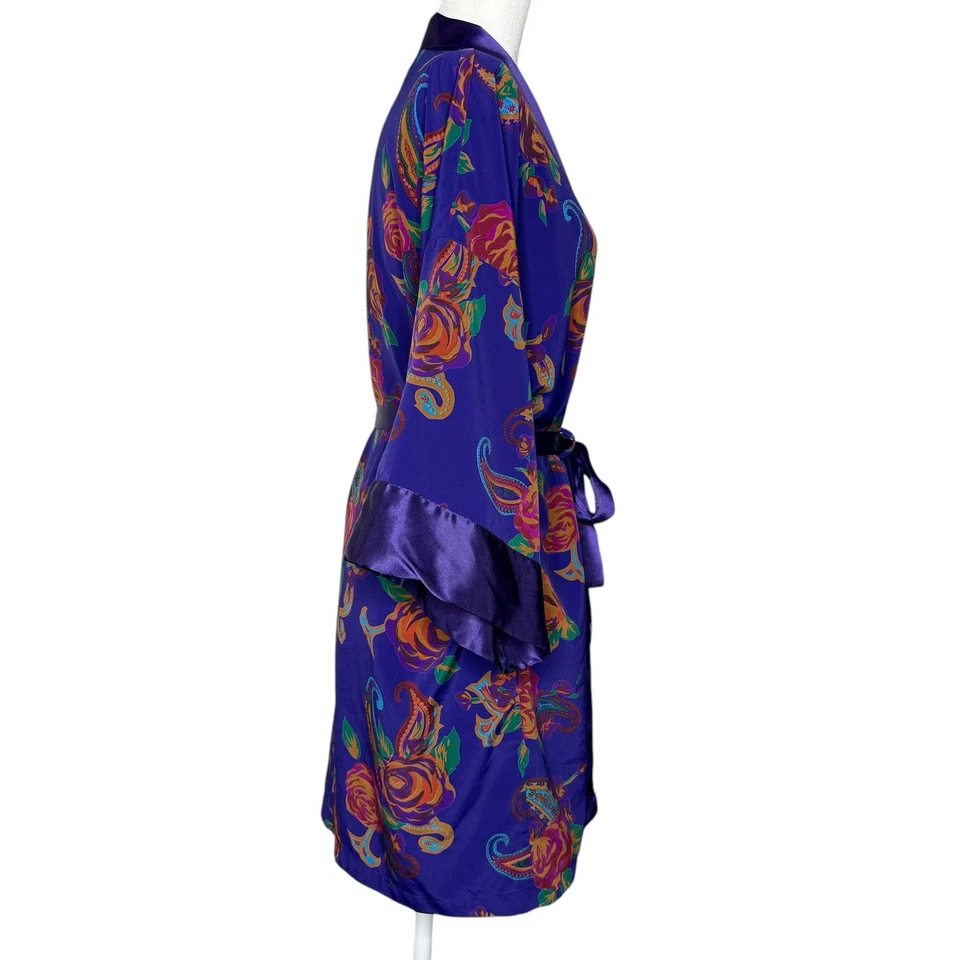 Vintage 80’s Victoria's Secret One Size Gold Label Satin Robe Floral Pockets - Image 3 of 4