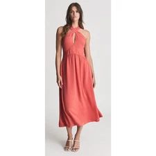 Reiss Orla Cross Front Halter Neck Midi Dress in Coral Pockets Size 10