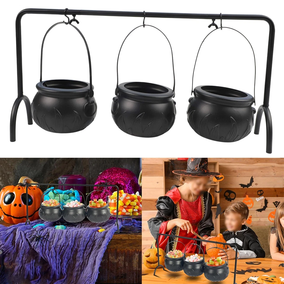 Set of 3 Halloween Witch Cauldrons Candy Bowls with Metal Rack Black Color - Image 3 of 4
