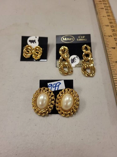 Monet Vintage Clip On Earrings Lot Gold Tone Costume Jewelry Fashion Accessory