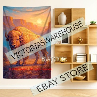 Bison golden tapestry rustic nature decor prairie wildlife 39X59 in