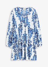 Kleid Gr. 48/50 Wollweiß Blau Bedruckt Damen Langarm Minikleid Sommerkleid Neu