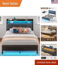 Stylish Full Size Bed Frame with RGB LED Lights  Charging Station - Dark Grey