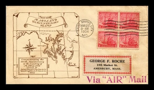 US COVER MARYLAND TERCENTENARY FDC SCOTT 736 BLOCK OF 4 BEVERLY HILLS CACHET