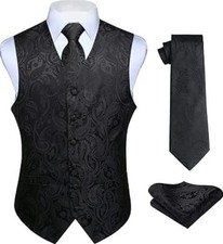 HISDERN Mens Vest Tie Set 3PC Formal Waistcoat Paisley Floral Black Size XL