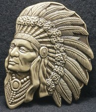 XA11121 NOS VINTAGE 2000s INDIAN CHIEF W/ FULL HEADDRESS NATIVE BELT BUCKLE