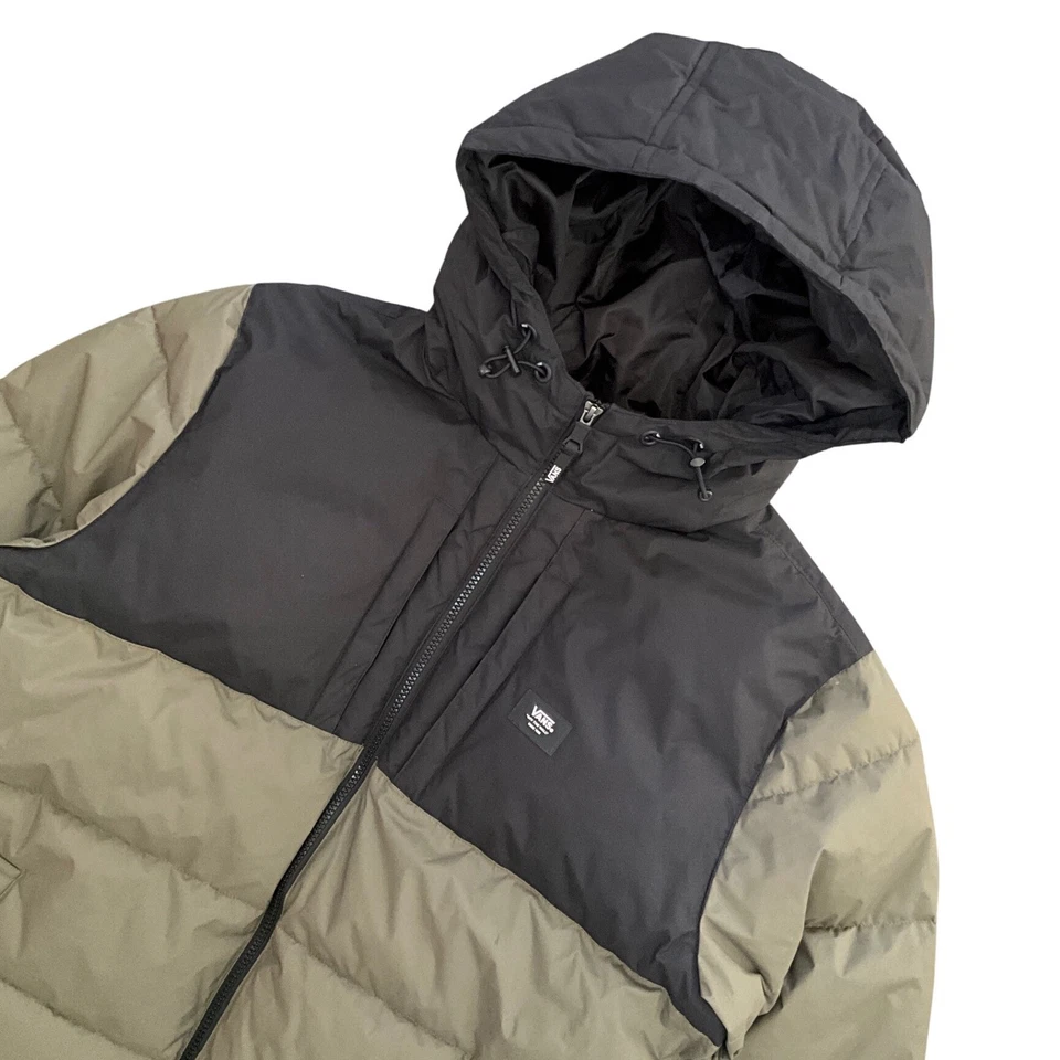 Vans Men's Puffer Jacket Medium Olive Black Hooded Insulated Zip Pockets Winter - Image 2 of 4