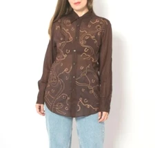 Equestrian Print Cotton Blouse Upcycled Hand Painted Shirt Button Down Shirt M