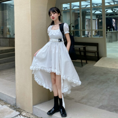 Women Girls Asymmetric Ruffle Dress Gothic Lolita Short Puff Sleeve Midi  Chic | eBay