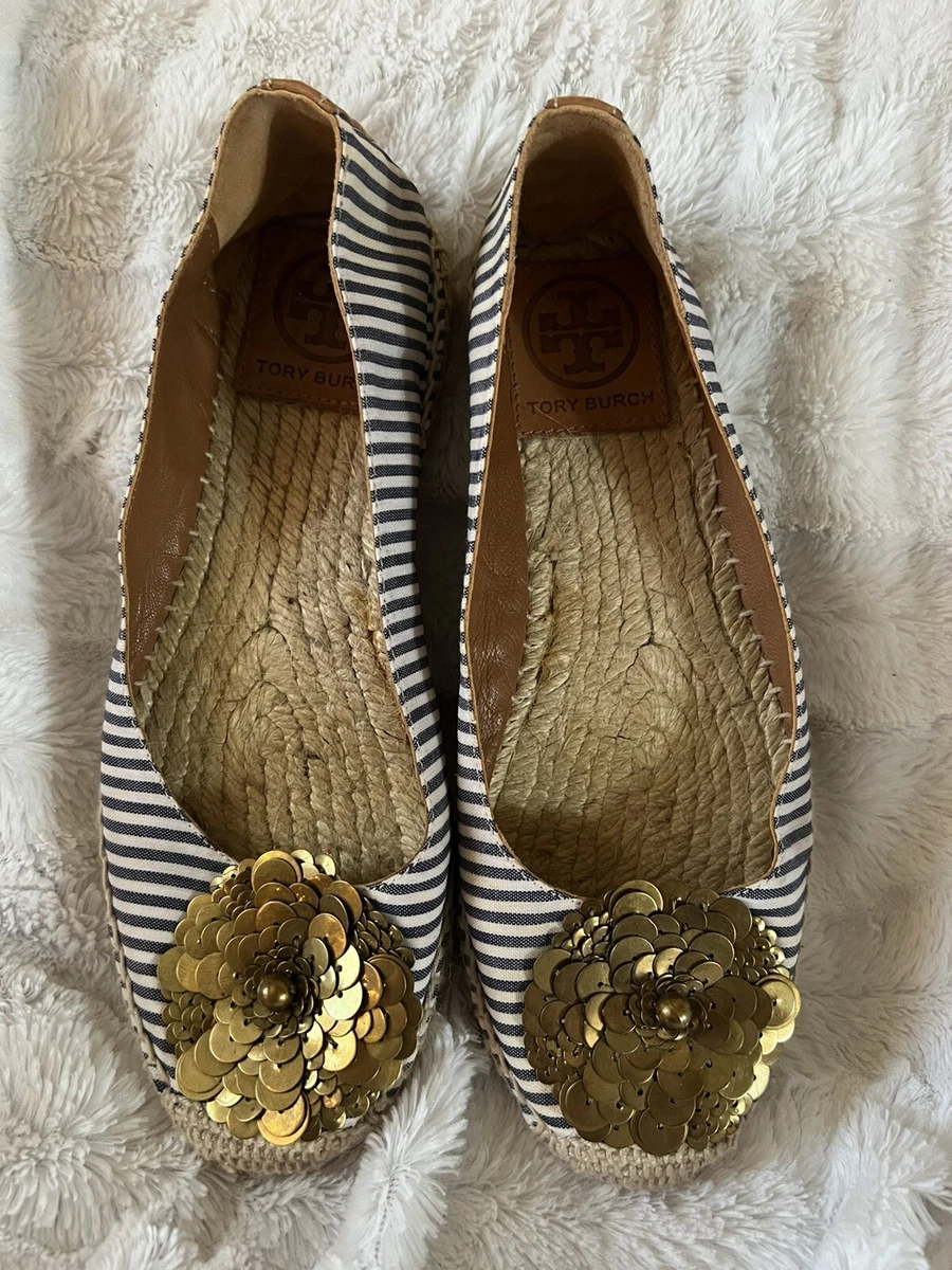 Tory Burch Blue White Stripe Gold Sequin Flower Espadrille Flats