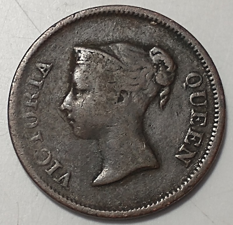 Lot "QV1" 1845 British East India Company 1/4 ct copper coin Queen Victoria VG+
