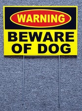 WARNING - BEWARE OF DOG SIGN 8"x12" NEW with Stake Security Surveillance yellow