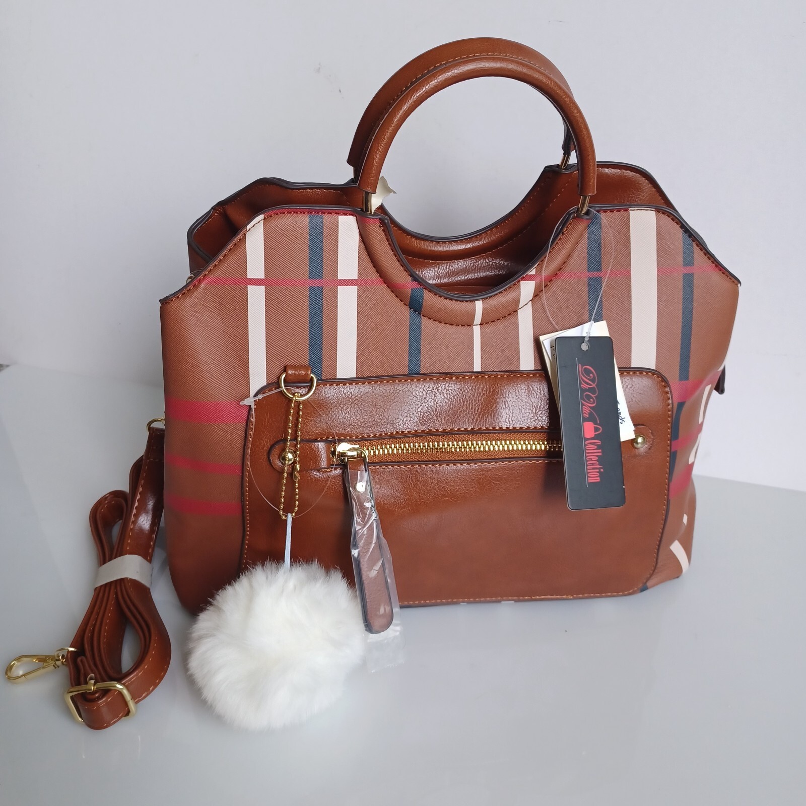 Di Vita Collection Brown Striped Plaid Shoulder Bag/Hand Bag with Fur Pom Charm