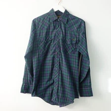 Vintage Roebucks Pearl Snap Shirt Small Blue Green Tartan Plaid Western Sawtooth