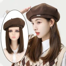 Lady Beret Hat Faux Woolen Cap with Wig Hairpiece Mid-length Straight Hair Retro