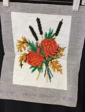 Vintage Pauline Denham COMPLETED Needlepoint Chrysanthemums Cattails